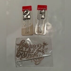NWT 21st Birthday Cake Topper and Candle Set - Silver Glitter